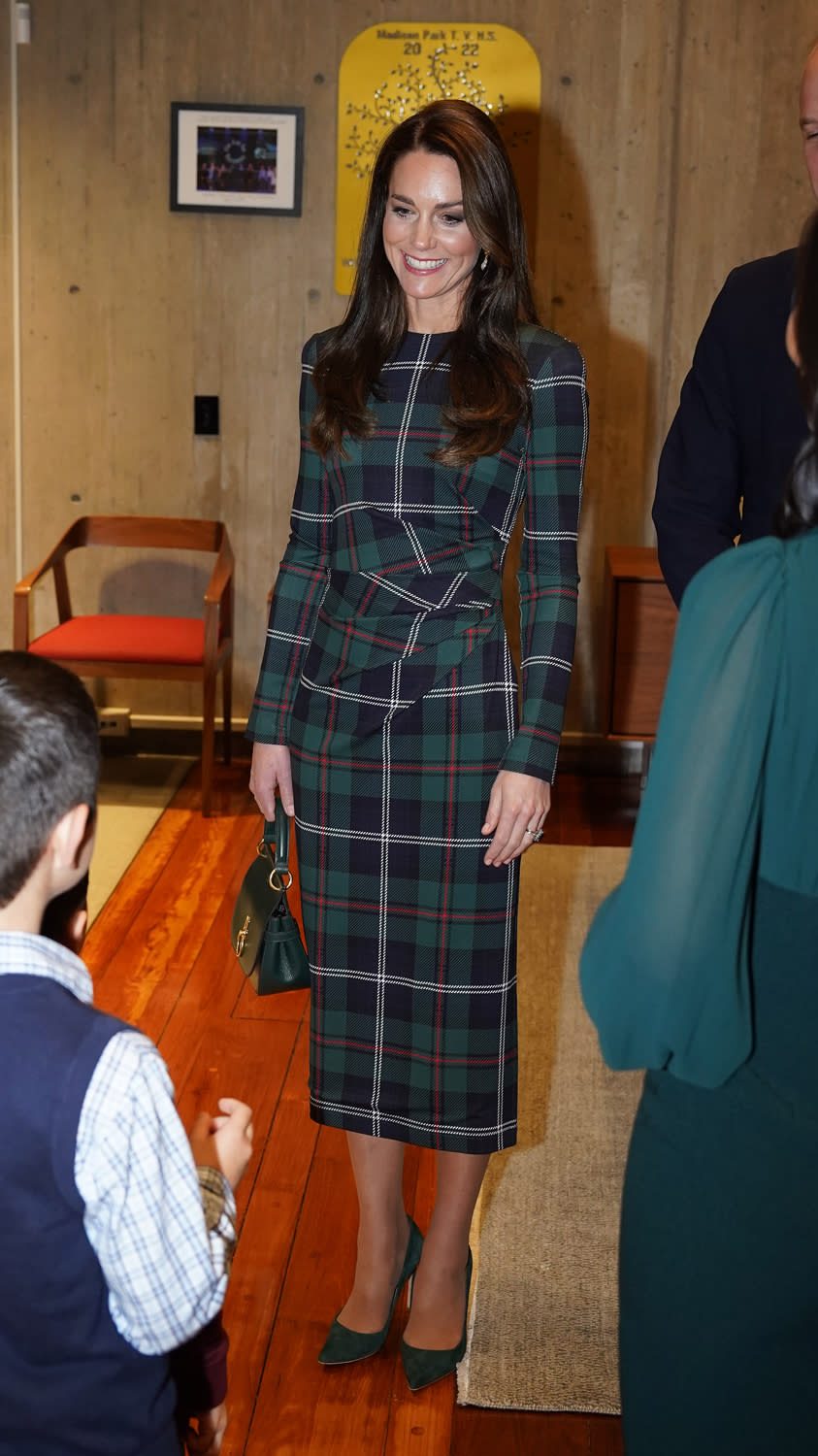 <p>The royal changed out of her pantsuit into a tartan dress by Burberry to meet Mayor Michelle Wu and her family at Boston City Hall.</p>