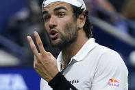 Matteo Berrettini, of Italy, reacts during a quarterfinal match against Casper Ruud, of Norway, during the U.S. Open tennis championships, Tuesday, Sept. 6, 2022, in New York. (AP Photo/Seth Wenig)