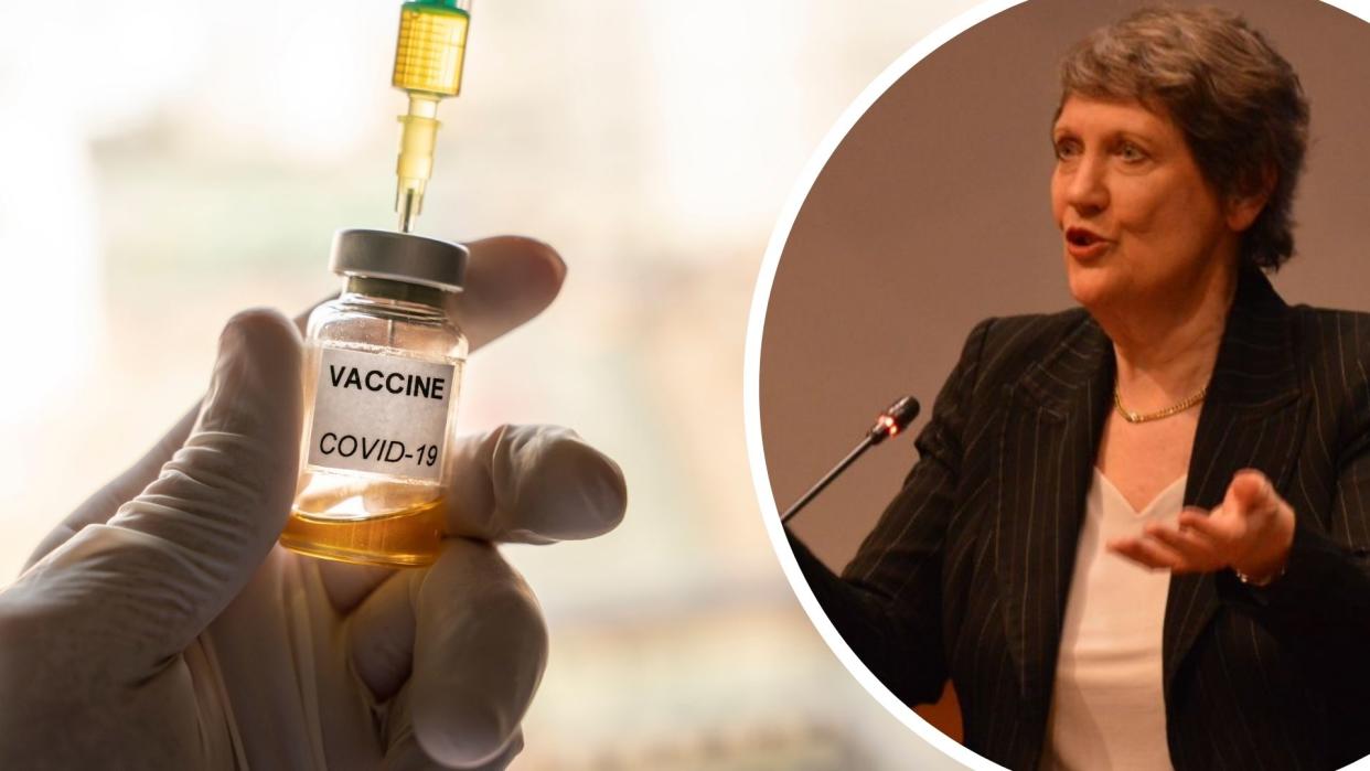 Pictured: Covid-19 vaccine bottle, Helen Clark. Images: Getty