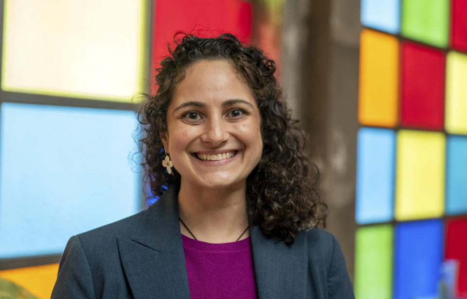 Samantha Woll, president of the board at the Isaac Agree Downtown Synagogue poses for a photo in Detroit, Oct. 13, 2022. Samantha Woll, a Detroit synagogue president was found stabbed to death outside her home Saturday, Oct. 21, 2023 police said. The motive wasn't known. (David Guralnick/Detroit News via AP)