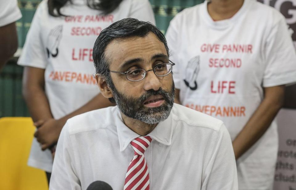 Lawyer for Singapore death row inmate P. Pannir Selvam’s family, N. Surendran speaks during a press conference in Petaling Jaya July 5, 2019. — Picture by Firdaus Latif