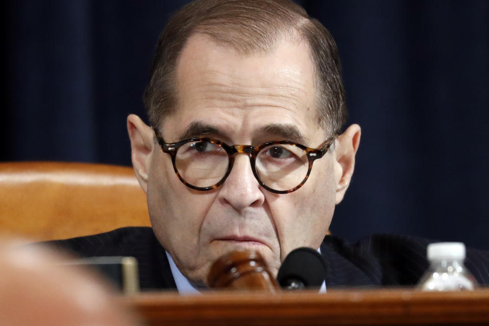 House Judiciary Committee Chairman Rep. Jerrold Nadler, D-N.Y., listens during a House Judiciary Committee markup of the articles of impeachment against President Donald Trump, Wednesday, Dec. 11, 2019, on Capitol Hill in Washington. (AP Photo/Jacquelyn Martin)