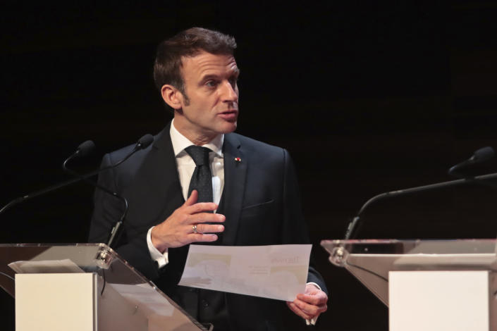 French President Emmanuel Macron speaks during the H2Med summit in Alicante, Spain, Friday Dec. 9, 2022. The H2Mad summit is to discuss a plan for an undersea pipeline that would eventually transport hydrogen and will connect the ports of Barcelona in Spain and Marseille in France. (AP Photo/J.M Fernandez)