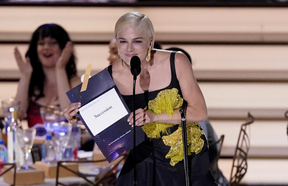 Selma Blair announces "Succession" as the winner of the Emmy for outstanding drama series at the 74th Primetime Emmy Awards on Monday, Sept. 12, 2022, at the Microsoft Theater in Los Angeles. (AP Photo/Mark Terrill)