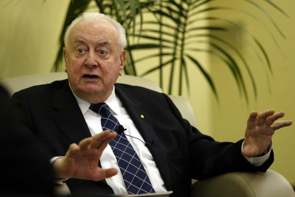 (AUSTRALIA OUT) Former Australian Prime Minister Gough Whitlam before delivering the keynote speech at the Whitehorse Business Week Breakfast at the Box Hill Town Hall, Melbourne, Victoria, 19 October 2004. THE AGE Picture by ANDREW DE LA RUE (Photo by Fairfax Media via Getty Images/Fairfax Media via Getty Images via Getty Images)