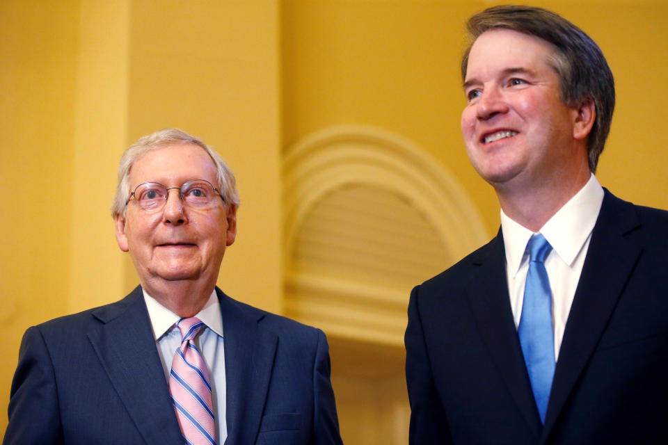 Senate Majority Leader Mitch McConnell meets with Supreme Court nominee Brett Kavanaugh on Capitol Hill in Washington in July 10. (Photo: Leah Millis/Reuters)