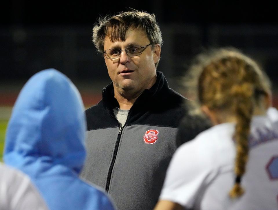 Seabreeze girls soccer coach Eli Freidus during a match with New Smyrna Beach at New Smyrna Sports Complex, Tuesday, Dec.12, 2023.