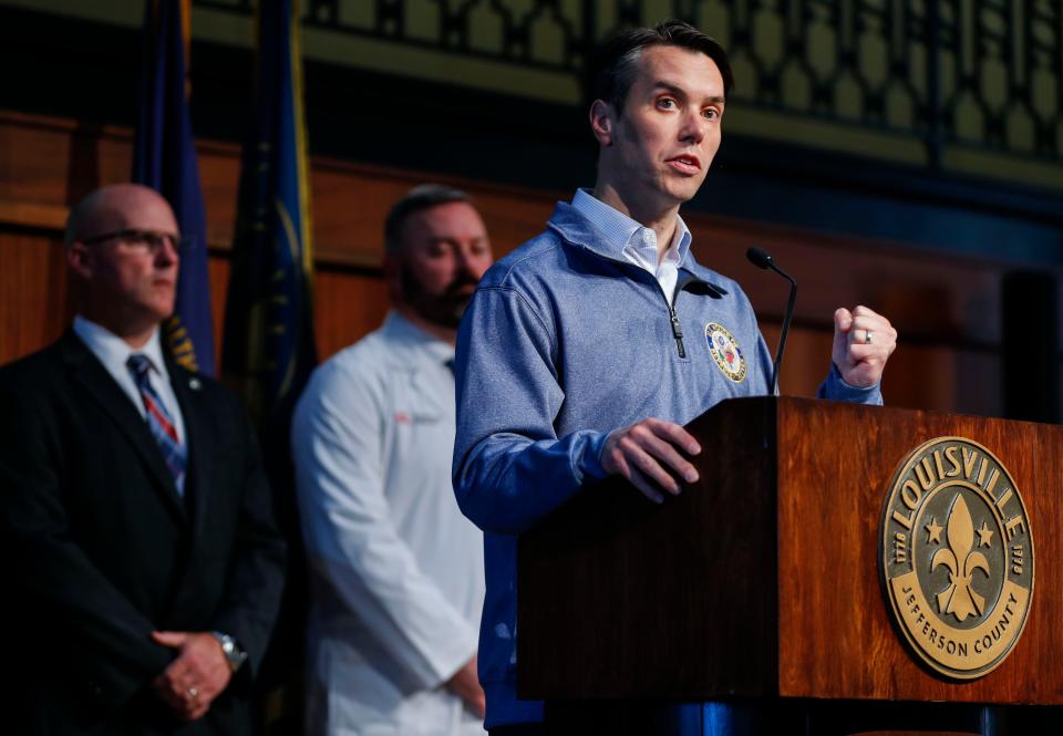 U.S. Rep. Morgan McGarvey speaks in Louisville in the aftermath of the Old National Bank mass shooting. April 11, 2023