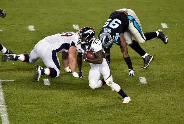 Ronnie Hillman carries the ball in the Super Bowl on Feb. 7, 2016. 