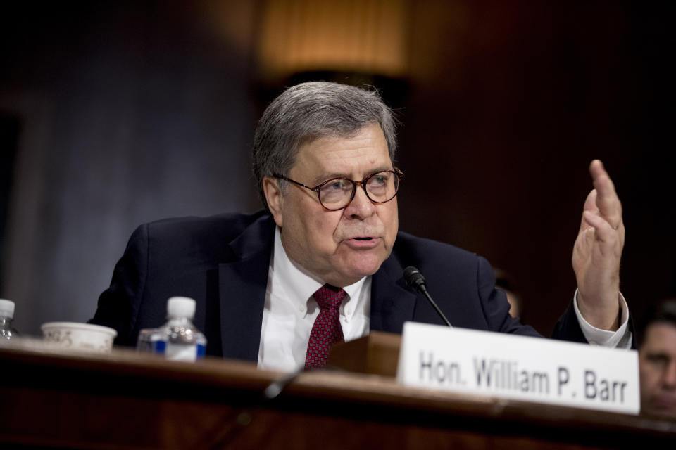 Attorney General William Barr testifies during a Senate Judiciary Committee hearing on Capitol Hill in Washington, Wednesday, May 1, 2019, on the Mueller Report. (AP Photo/Andrew Harnik)