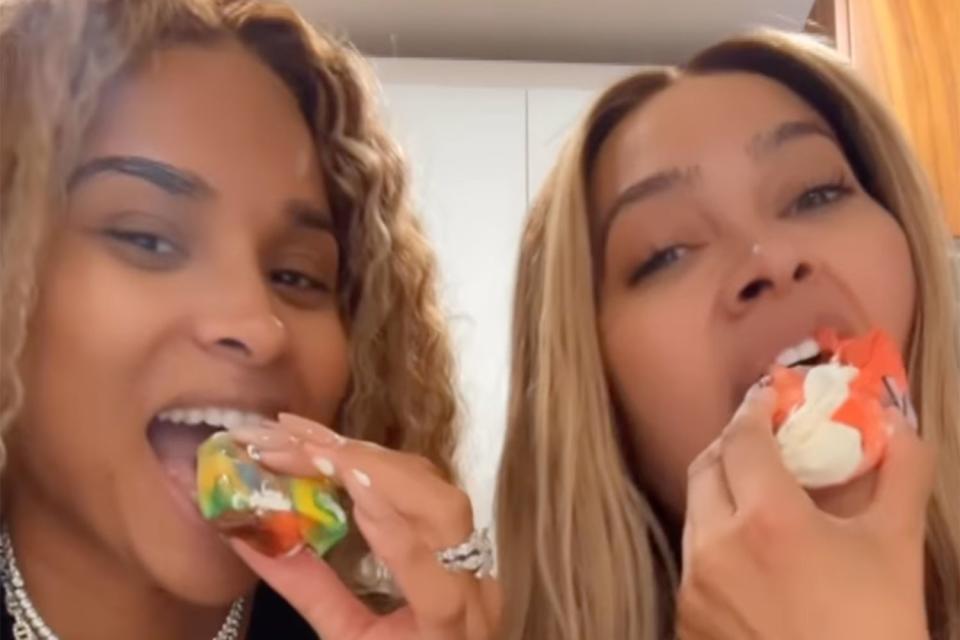 <p>Lala/Instagram</p> Pregnant Ciara and La La Anthony try out the TikTok snack consisting of vanilla ice cream wrapped in Fruit Roll-Ups.