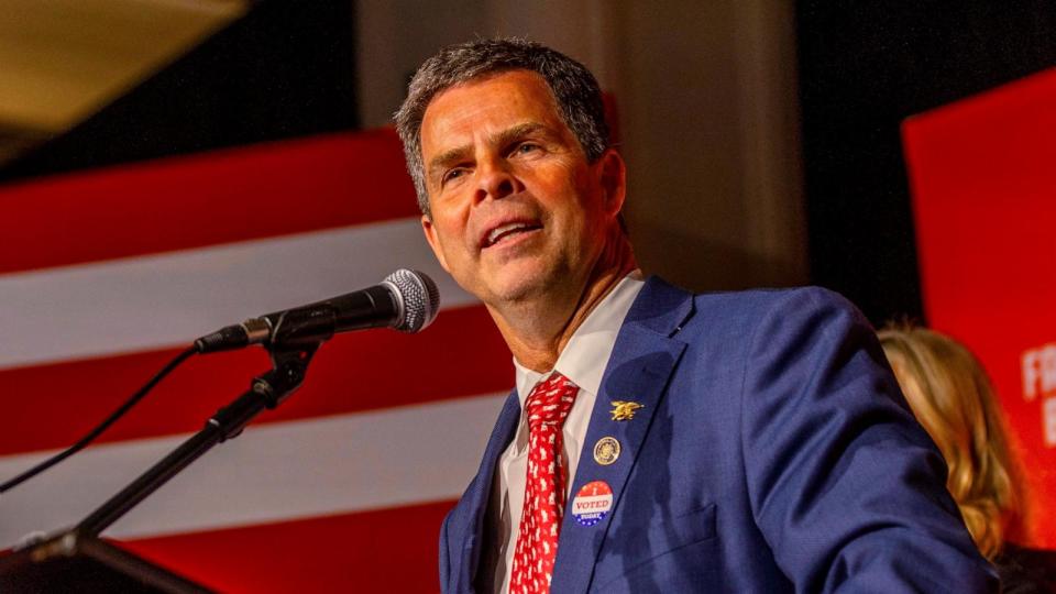 PHOTO: Virginia state Sen. John McGuire, a candidate in the Republican primary for the state's 5th Congressional District, speaks to supporters, June 18, 2024, in Lynchburg, Va. (Skip Rowland/AP)