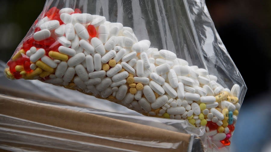 FILE: A bag of assorted pills and prescription drugs dropped off for disposal is displayed during the Drug Enforcement Administration (DEA) 20th National Prescription Drug Take Back Day at Watts Healthcare on April 24, 2021, in Los Angeles, California.(Photo by PATRICK T. FALLON/AFP via Getty Images)