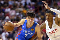 FILE - Oklahoma City Thunder's Chet Holmgren (7) drives against Houston Rockets' Jabari Smith II during the second half of an NBA summer league basketball game, July 9, 2022, in Las Vegas. It’s reasonable to think Chet Holmgren will be an NBA All-Star one day. He was a highly recruited high school player whose one year at Gonzaga was stellar enough for Oklahoma City to make him the No. 2 pick in last year’s draft. He's an obvious talent, an enormous talent. (AP Photo/David Becker, File)