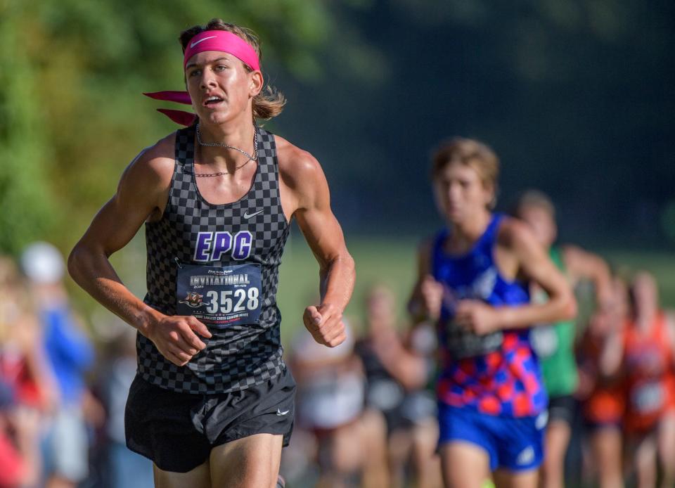 El Paso-Gridley's Dean Witzig leads his team to a seventh-place team finish with a tenth-place finish in the Class 1A boys race of the First to the Finish Cross Country Invitational on Saturday, Sept. 9, 2023 at Detweiller Park.