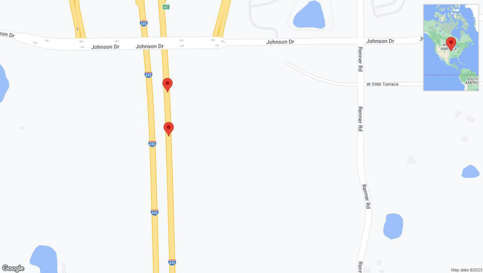 A detailed map that shows the affected road due to 'Broken down vehicle on northbound I-435 in Shawnee' on December 29th at 4:18 p.m.