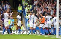 Football - Chelsea v Crystal Palace - Barclays Premier League - Stamford Bridge - 29/8/15 Joel Ward (C) celebrates with team mates after scoring the second goal for Crystal Palace Reuters / Paul Hackett Livepic