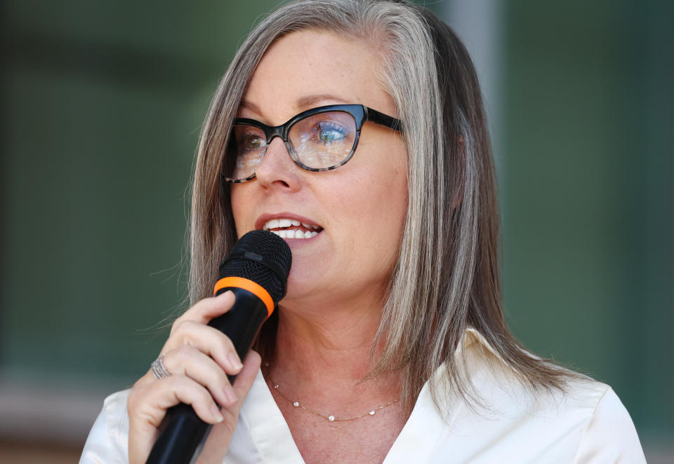 Arizona Secretary of State and Democratic gubernatorial candidate Katie Hobbs speaks at a press conference calling for abortion rights outside the Evo A. DeConcini U.S. Courthouse on October 7, 2022 in Tucson, Arizona. (Mario Tama/Getty Images)