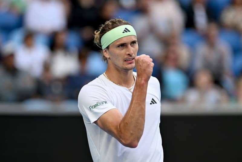 German tennis player Alexander Zverev reacts during his 4th round match against British tennis player Cameron Norrie on Day 9 of the 2024 Australian Open at Melbourne Park. Lukas Coch/AAP/dpa