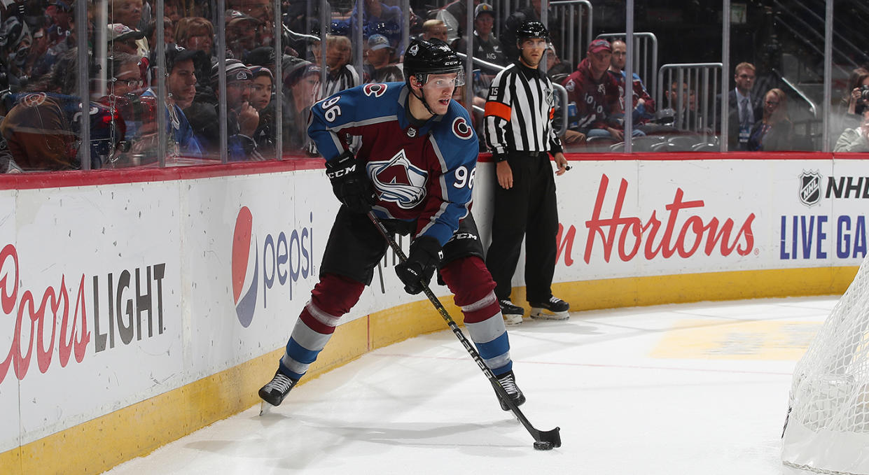 DENVER, COLORADO - OCTOBER 12: Mikko Rantanen #96 of the Colorado Avalanche skates against the Arizona Coyotes at the Pepsi Center on October 12, 2019 in Denver, Colorado. The Avalanche defeated the Coyotes 3-2 in overtime. (Photo by Michael Martin/NHLI via Getty Images) 