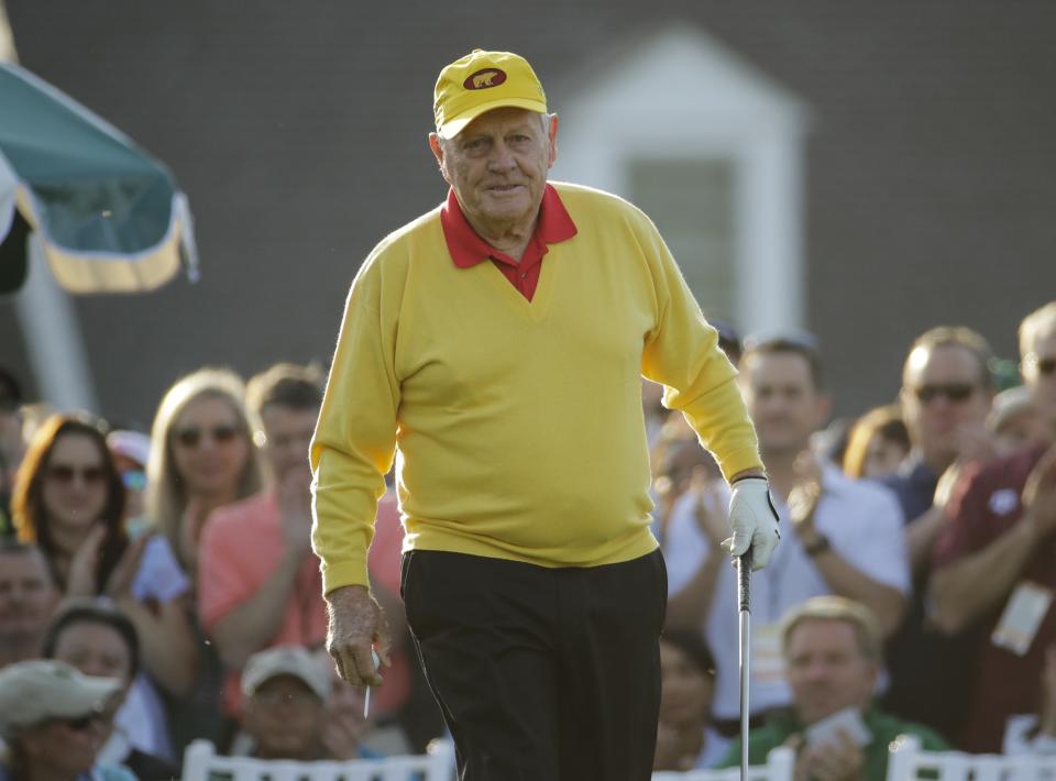 FILE - In this April 11, 2019, file photo, Jack Nicklaus hits a ceremonial tee shot on the first hole during the first round for the Masters golf tournament in Augusta, Ga. Nicklaus turns 80 on Tuesday, Jan. 21, 2020. (AP Photo/Charlie Riedel, File)