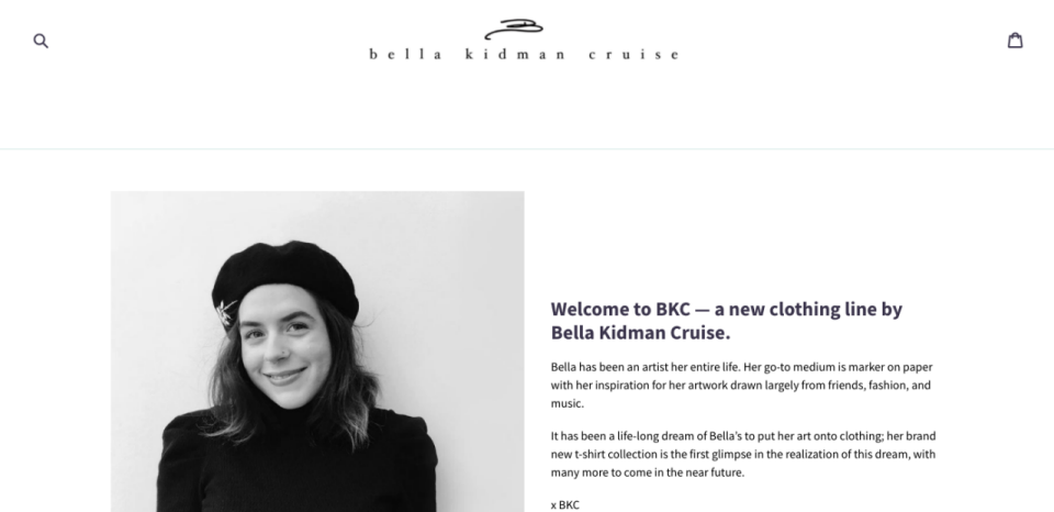 The landing page on Bella Cruise's new clothing line website.