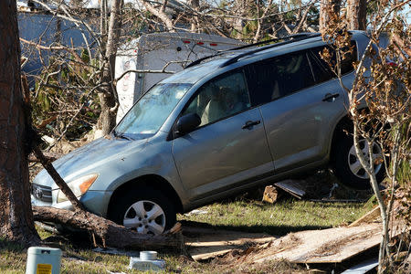 A destroyed car is pictured following Hurricane Michael in Mexico Beach, Florida, U.S., October 13, 2018. REUTERS/Carlo Allegri