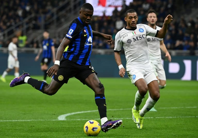 L'attaquant de l'Inter Milan Marcus Thuram durant le match du Championnat d'Italie contre Naples le 17 mars 2024 à San Siro (Isabella BONOTTO)