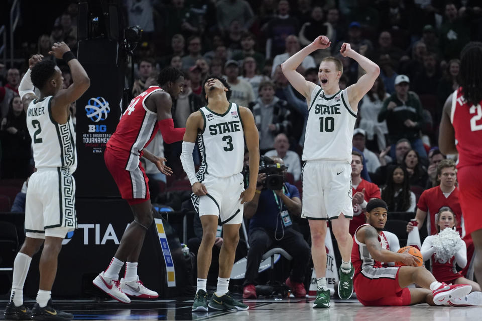 Michigan State's Joey Hauser (10) reacts to a foul during the second half of an NCAA college basketball game against Ohio State at the Big Ten men's tournament, Friday, March 10, 2023, in Chicago. (AP Photo/Erin Hooley)
