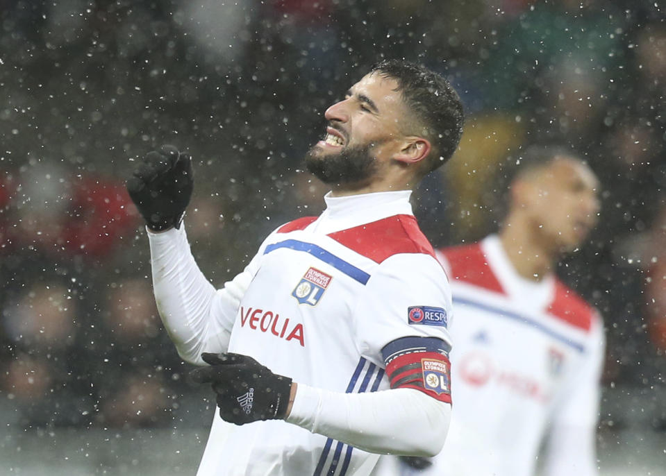 Lyon's Nabil Fekir reacts during the Group F Champions League soccer match between Shakhtar Donetsk and Lyon at the Olympiyskiy stadium, in Kiev, Ukraine, Wednesday, Dec.12, 2018. (AP Photo/Efrem Lukatsky)