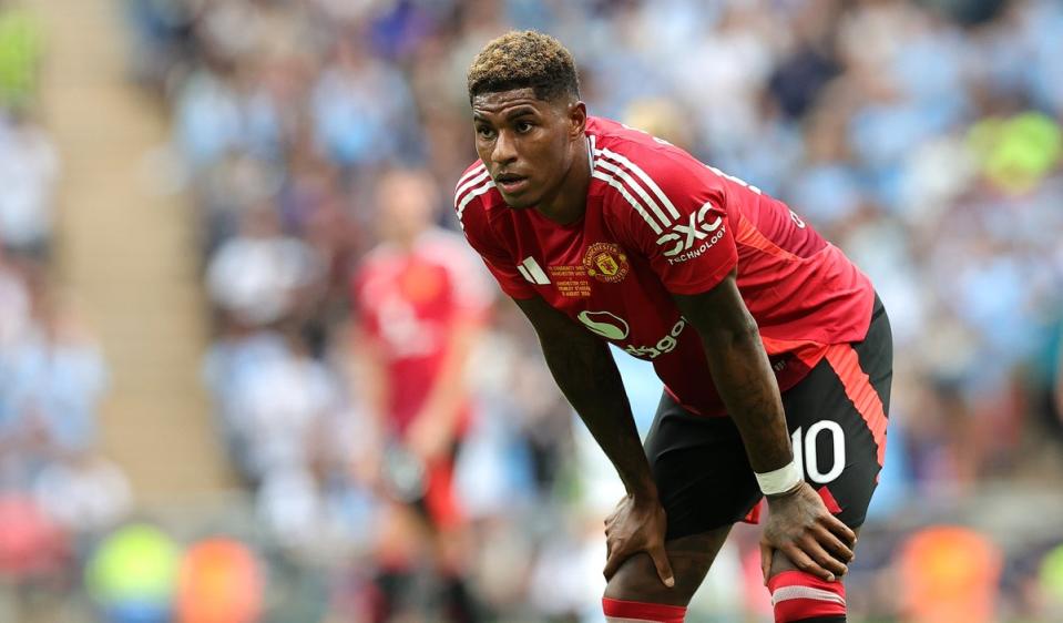 Marcus Rashford of Manchester United looks on during the 2024 FA Community Shield (Getty Images)