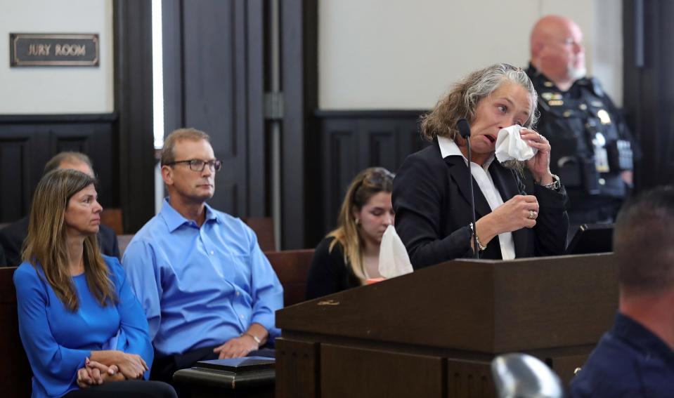 Courtney Pavona, the wife of defendant Mark Mickey, wipes away tears Thursday as she speaks on his behalf before his sentencing for arson in Judge Kathryn Michael's courtroom at the Summit County Courthouse in Akron.