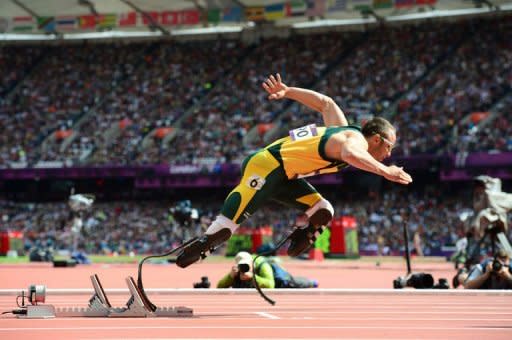 South Africa's double amputee athlete Oscar Pistorius takes the start of the men's 400m heats at the athletics event during the London 2012 Olympic Games