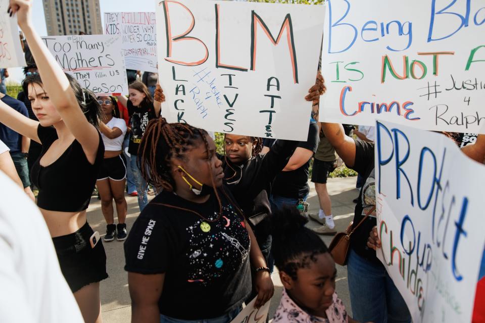 Protesters attend a rally for Black teen Ralph Yarl in front of U.S. District Court on April 18, 2023, in Kansas City, Missouri. Yarl was shot by a homeowner after he rang the wrong doorbell while picking up his sibling.