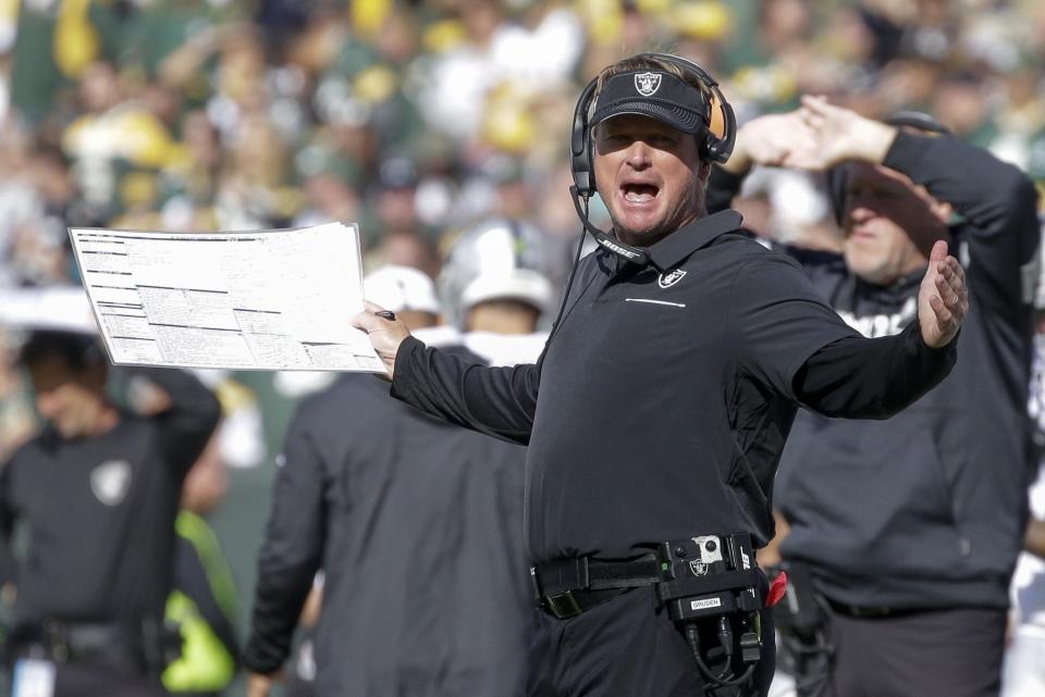 Oakland Raiders head coach Jon Gruden reacts during the second half of an NFL football game against the Green Bay Packers Sunday, Oct. 20, 2019, in Green Bay, Wis. (AP Photo/Jeffrey Phelps)