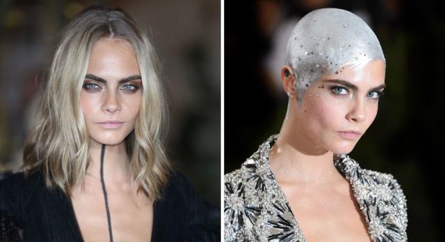 Cara Delevingne in September 2016 (L) and in May 2017 (R). (Getty Images)