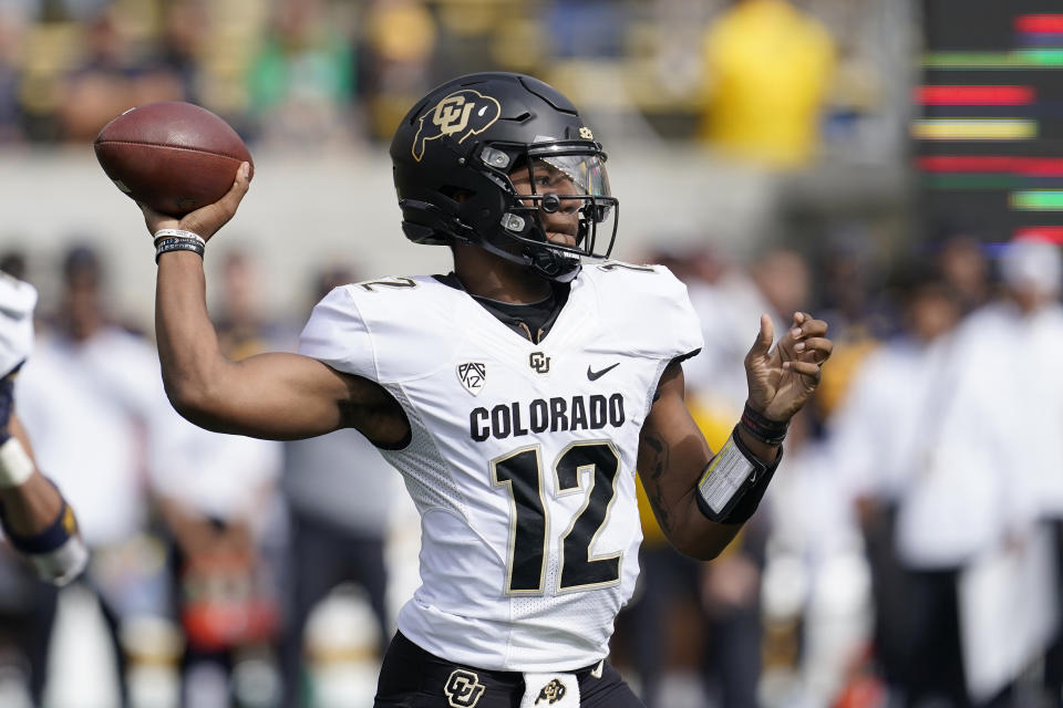 Colorado quarterback Brendon Lewis passes against California during the first half of an NCAA college football game in Berkeley, Calif., Saturday, Oct. 23, 2021. (AP Photo/Jeff Chiu)