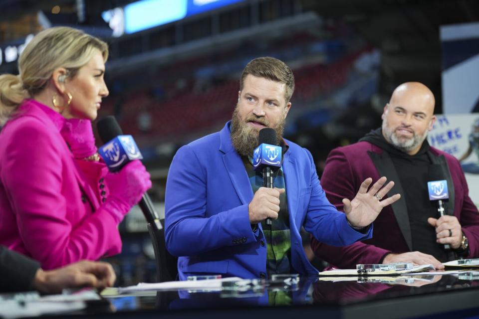 Amazon Prime Video Thursday Night Football analyst Ryan Fitzpatrick speaks on set before a game.
