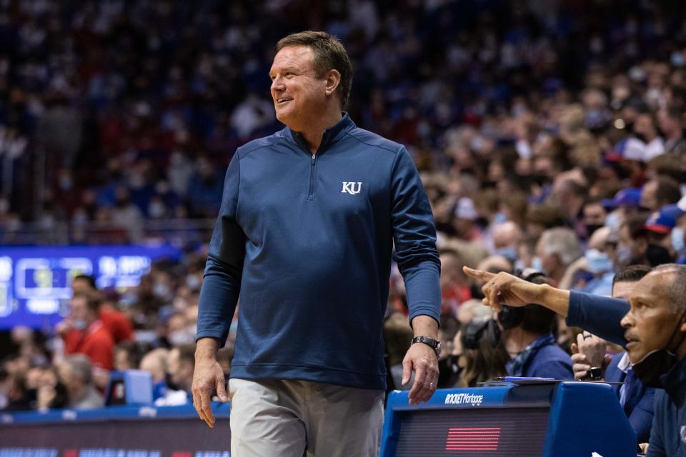 Kansas coach Bill Self smiles during the game against Texas Tech. Kansas won in double overtime 94-91 on Monday at Allen Fieldhouse.