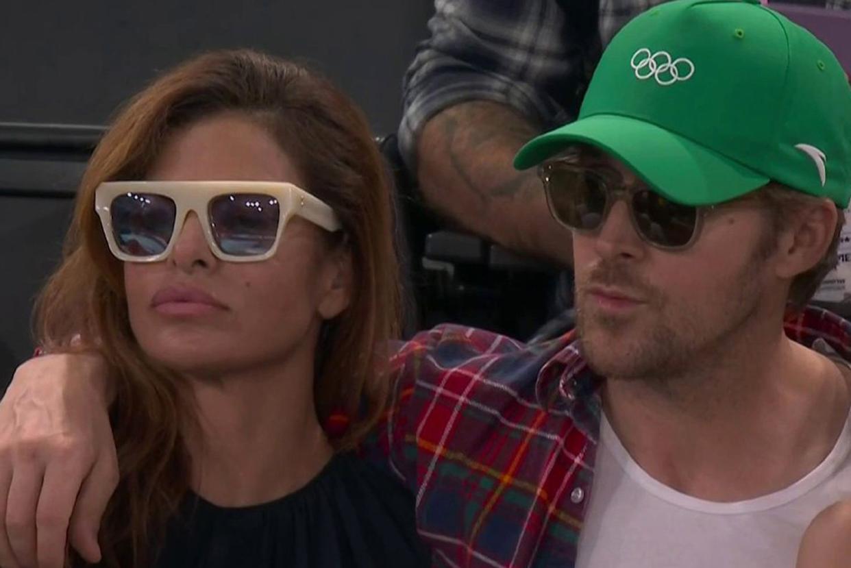 <p>NBC/Peacock</p> Eva Mendes and Ryan Reynolds at the 2024 Paris Olympics on Sunday, Aug. 4.