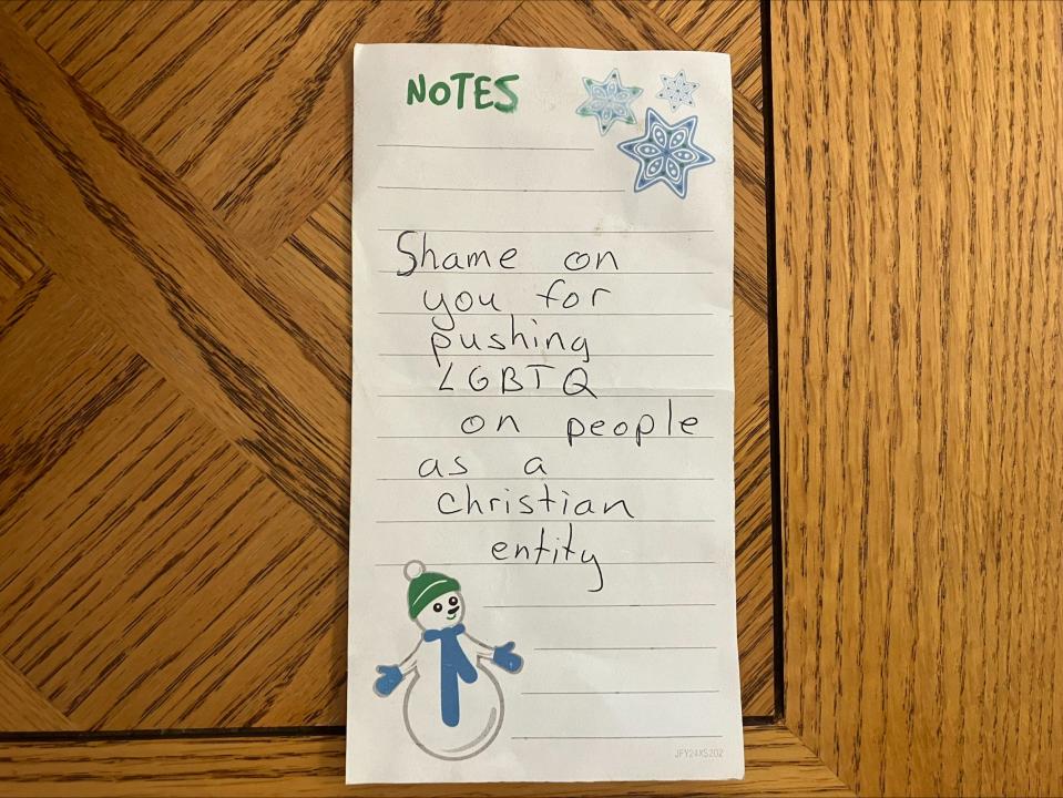 Nearly a week after a Montana mayor refused to honor Pride month, a nearby pastor found this note on the back door of the parish.