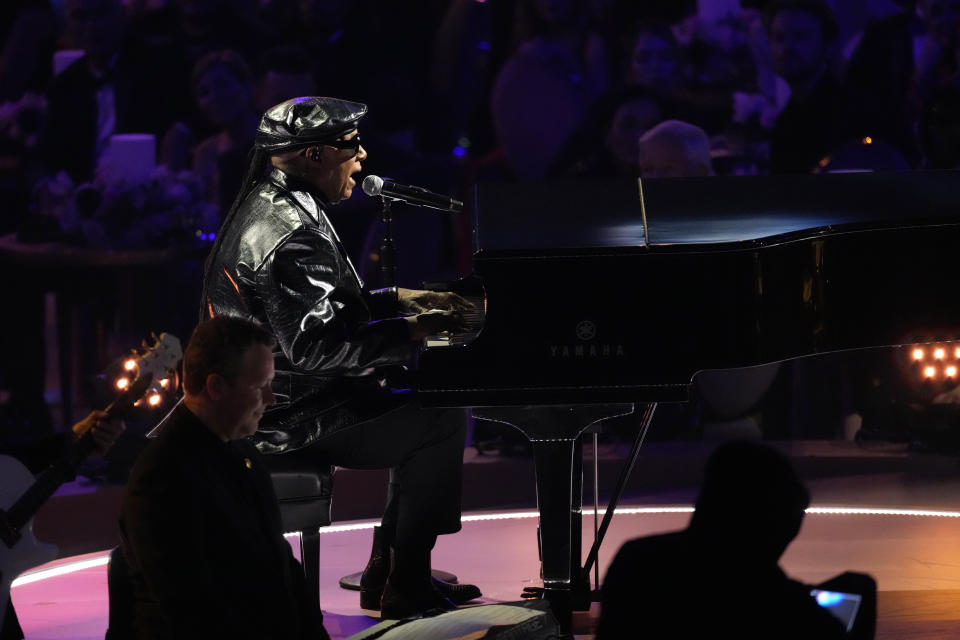 Stevie Wonder pays tribute to Tony Bennett during the 66th annual Grammy Awards on Sunday, Feb. 4, 2024, in Los Angeles. (AP Photo/Chris Pizzello)