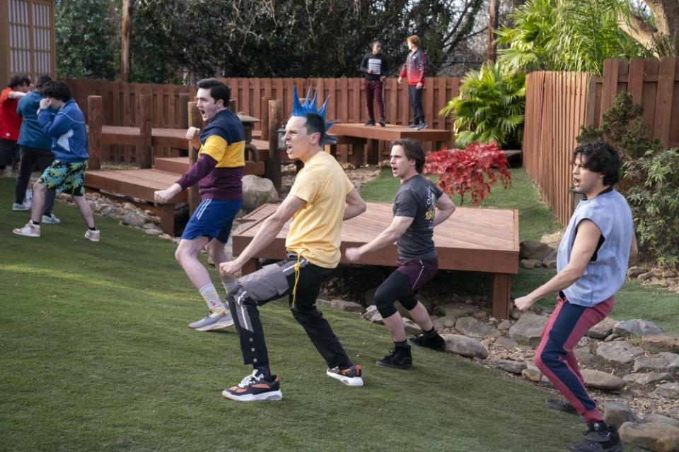 Cobra Kai. (L to R) Gianni DeCenzo as Demetri, Jacob Bertrand as Eli 'Hawk' Moskowitz, Tanner Buchanan as Robby Keene, Xolo Maridueña as Miguel Diaz in Cobra Kai. Cr. Curtis Bonds Baker/Netflix © 2024