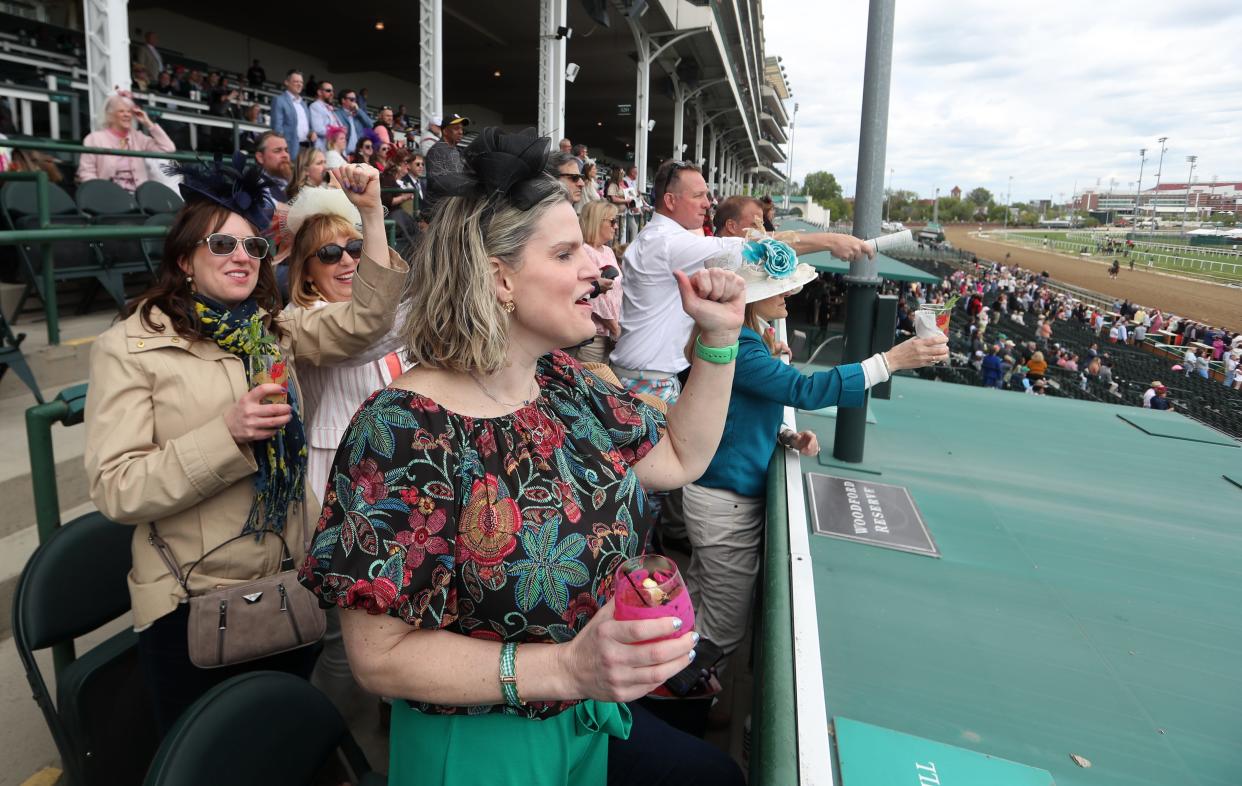 Melissa Sealey, front, and Elaine Hart cheered on their horses in race 5 called The John E’s on Tuesday of Kentucky Derby week.May 2, 2023 