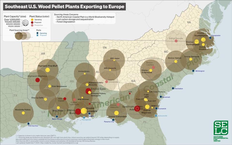 Southern Environmental Law Center map showing all of the biomass production facilities in the Southeast and the export locations. Enviva is in 10 different states. It’s biggest plant is in Waycross, Georgia.