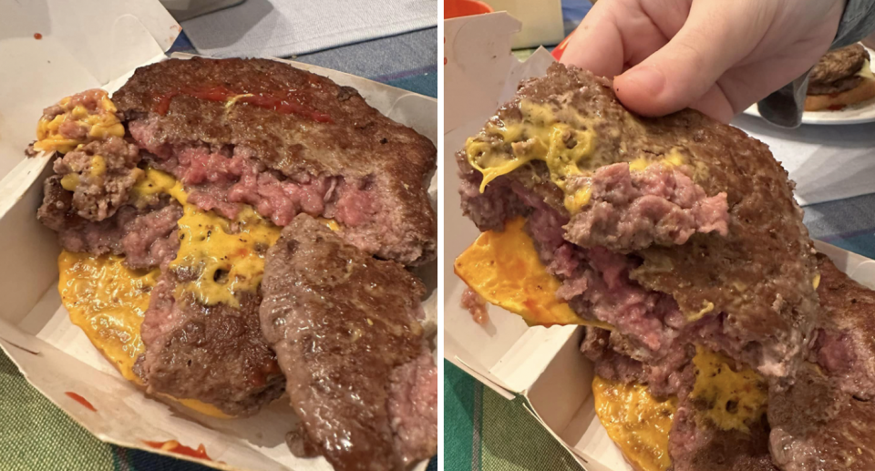 A McDonald's burger appearing to be raw in the middle. Source: Facebook.