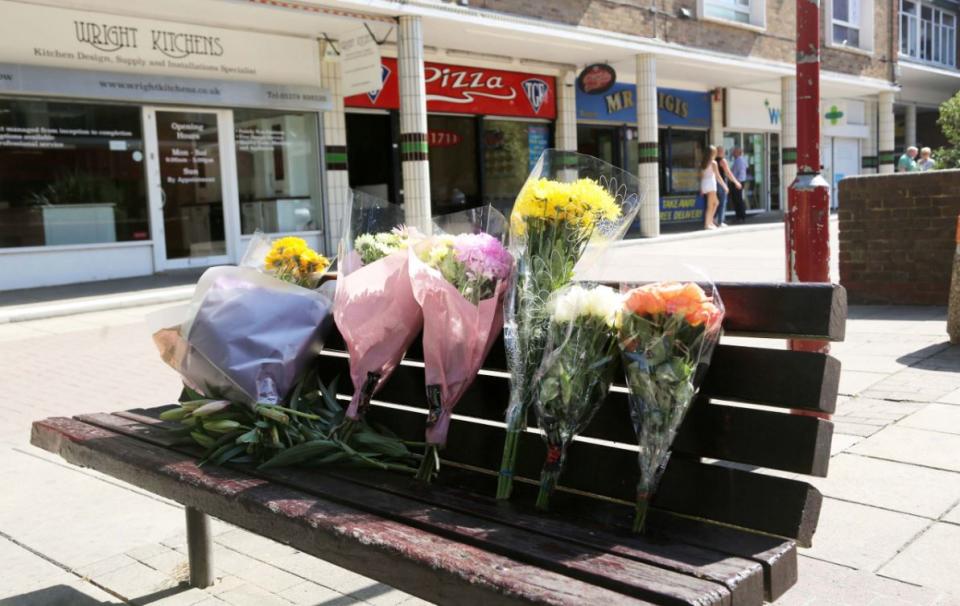 Flowers were placed in memory of Mr Jozwik at the scene of the attack, in The Stow shopping precinct, Harlow (Rex)