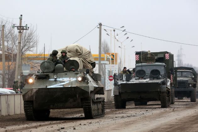 Russian army military vehicles are seen in Armyansk, Crimea, on February 25, 2022. - Ukrainian forces fought off Russian invaders in the streets of the capital Kyiv on February 25, 2022, a (Photo: STRINGER via Getty Images)