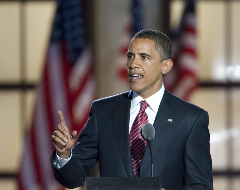 Barack Obama delivers a speech accepting the Democratic nomination for president at the 2008 Democratic National Convention in Denver. (Photo by Rick Friedman/Corbis via Getty Images)