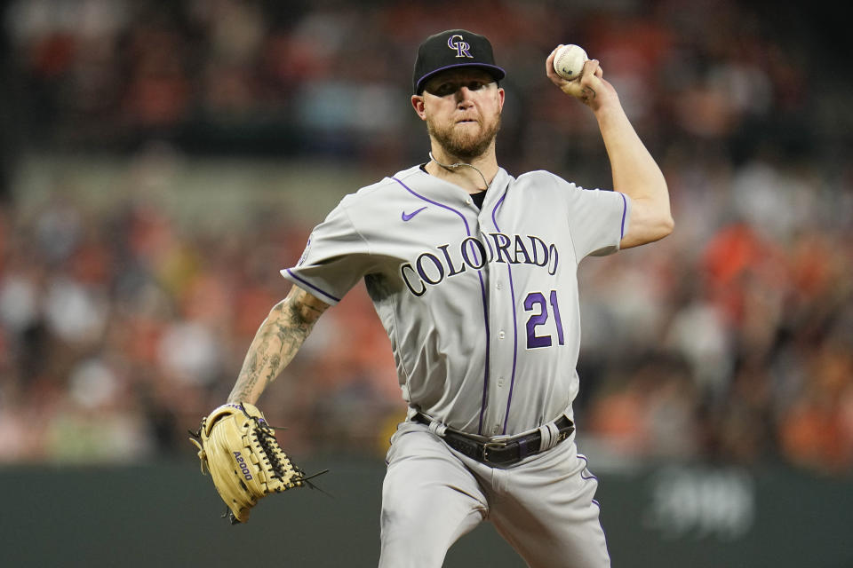 Colorado Rockies starting pitcher Kyle Freeland throws to the Baltimore Orioles during the third inning of a baseball game, Friday, Aug. 25, 2023, in Baltimore. (AP Photo/Julio Cortez)